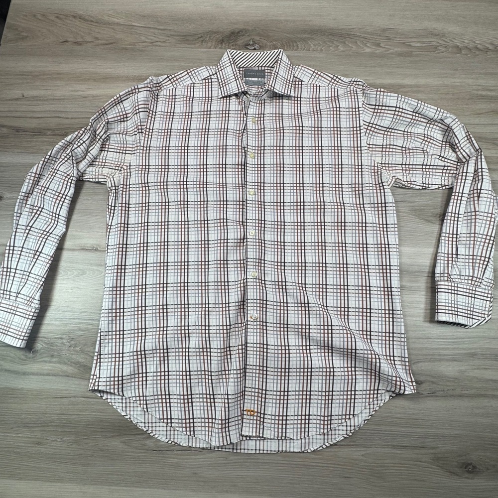 Thomas Dean Mens Large Shirtmakers Cloth Grid Check Button Down Shirt Brown Grey